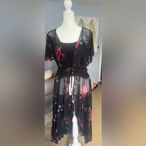 American Rag Black Sheer Floral Duster with Red Rose Print